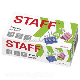 Зажимы для бумаг STAFF "Profit", КОМПЛЕКТ 12 шт., 32 мм, на 140 листов, цветные, картонная коробка, 