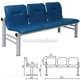 Кресло для посетителей трехсекционное "Троя", 745х1470х600 мм, светлый каркас, кожзам синий, СМ 105-