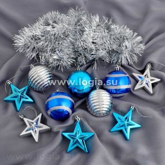Набор украшений пластик 16 шт "Селена" (9 шаров, мишура, 6 звёзд) серебристо-синий