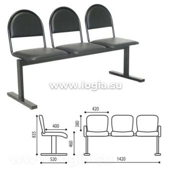 Кресло для посетителей трехсекционное "Тройка", 835х1420х520 мм, черный каркас, черный кожзам, СМ 91